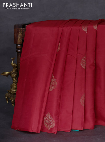 Kanchipuram silk saree red and teal blue with zari woven buttas in borderless style