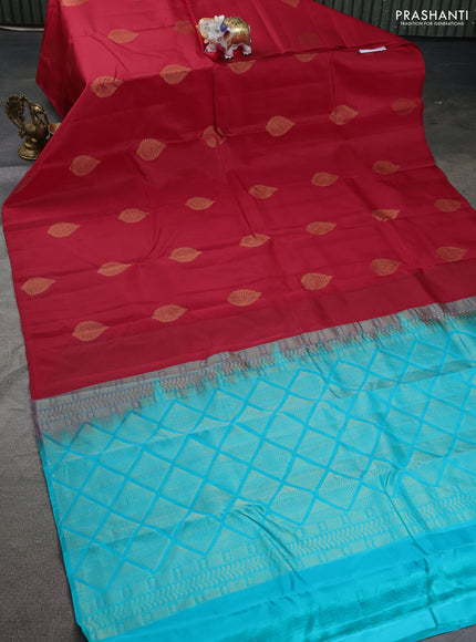 Kanchipuram silk saree red and teal blue with zari woven buttas in borderless style