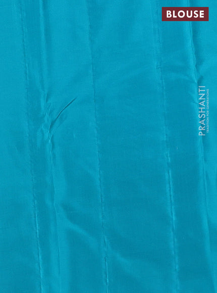 Kanchipuram silk saree red and teal blue with zari woven buttas in borderless style