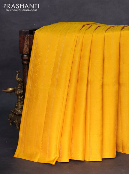 Kanchipuram silk saree yellow and dark pink with allover self emboss & zari weaves in borderless style