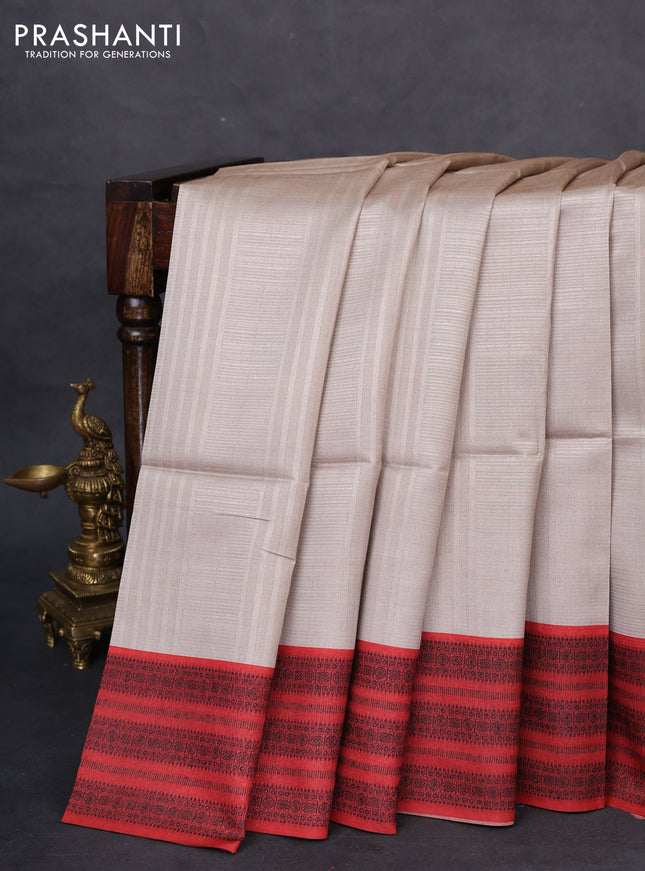 Semi tussar saree beige and maroon with allover thread weaves and thread woven border