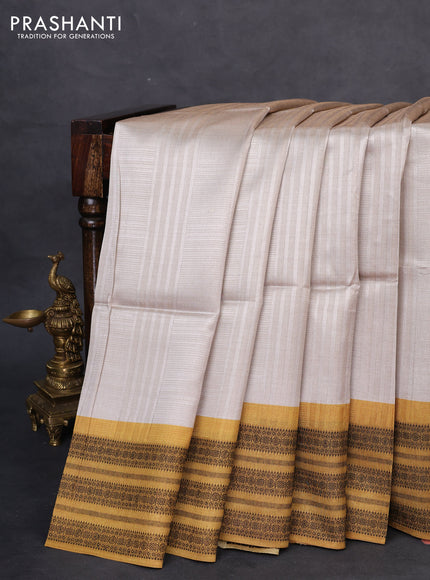 Semi tussar saree beige and mustard yellow with allover thread weaves and thread woven border