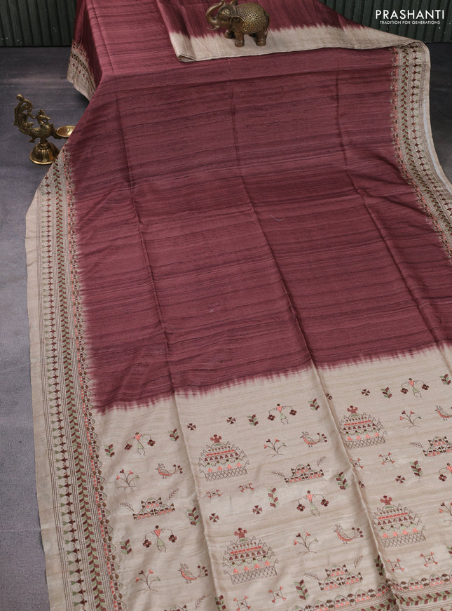 Semi tussar saree pastel brown and beige with plain body and embroidery pallu & border