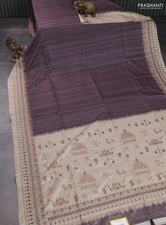 Semi tussar saree pastel wine shade and beige with plain body and embroidery pallu & border