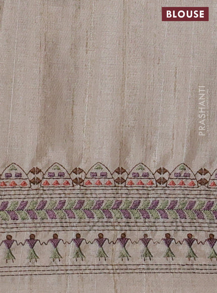 Semi tussar saree pastel wine shade and beige with plain body and embroidery pallu & border
