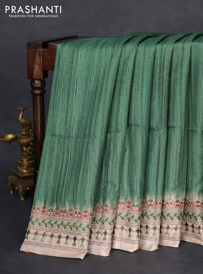 Semi tussar saree green and beige with plain body and embroidery pallu & border