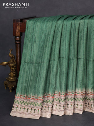 Semi tussar saree green and beige with plain body and embroidery pallu & border