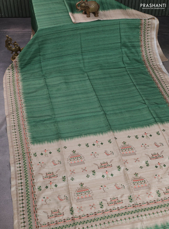 Semi tussar saree green and beige with plain body and embroidery pallu & border