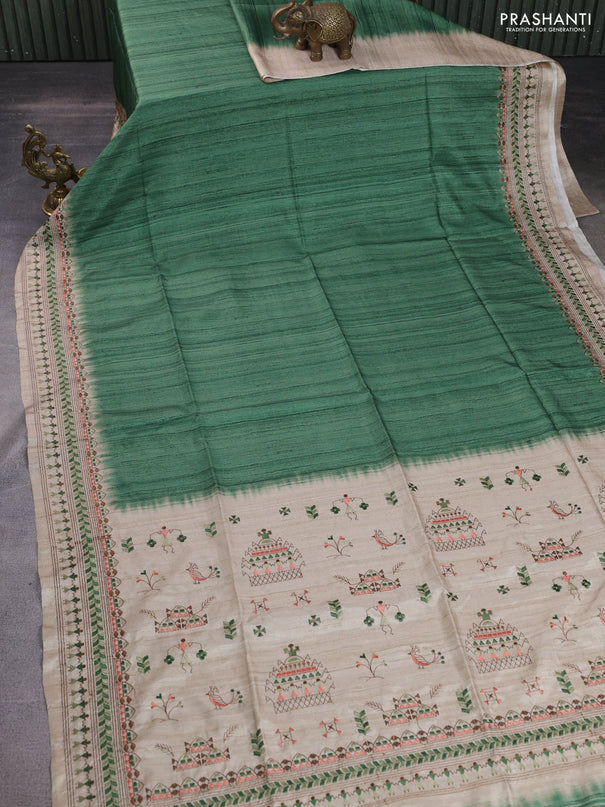 Semi tussar saree green and beige with plain body and embroidery pallu & border