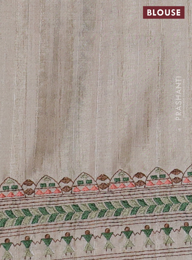 Semi tussar saree green and beige with plain body and embroidery pallu & border