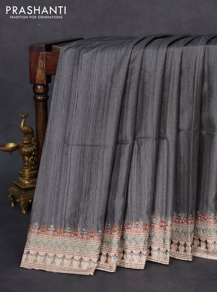 Semi tussar saree grey and beige with plain body and embroidery pallu & border