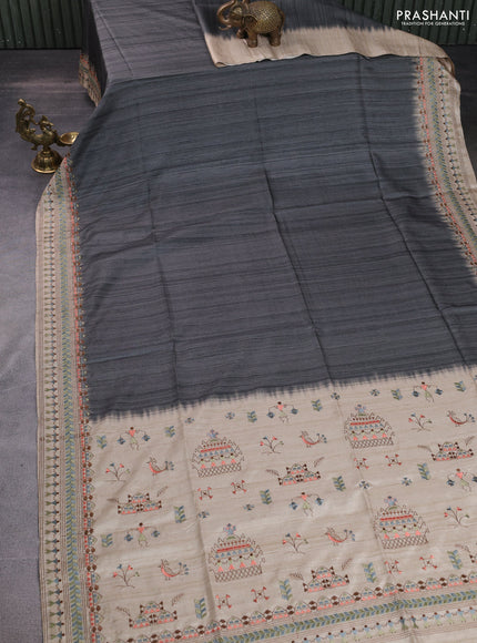 Semi tussar saree grey and beige with plain body and embroidery pallu & border