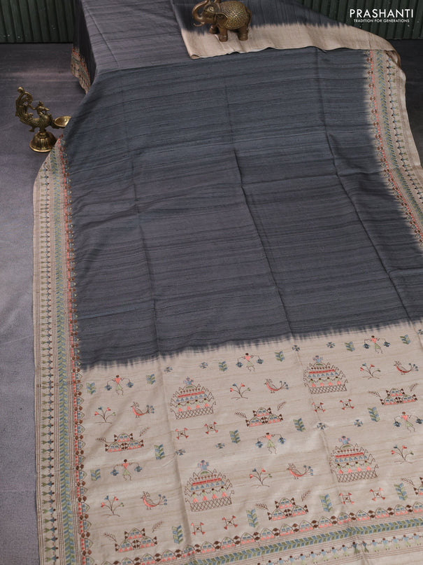 Semi tussar saree grey and beige with plain body and embroidery pallu & border