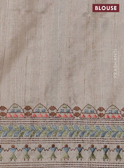 Semi tussar saree grey and beige with plain body and embroidery pallu & border