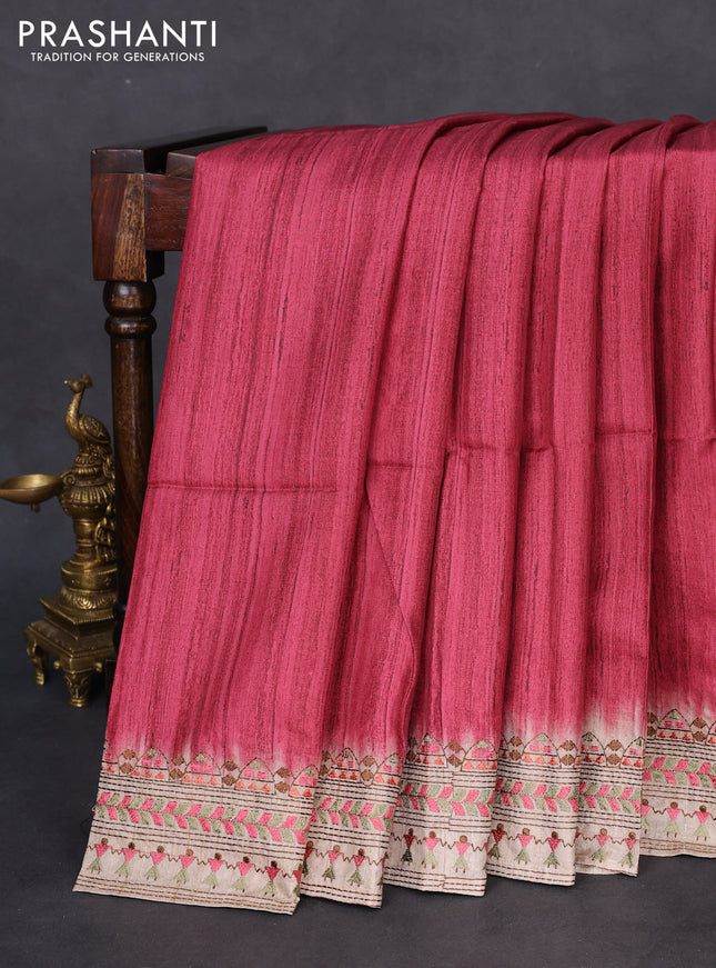 Semi tussar saree maroon shade and beige with plain body and embroidery pallu & border