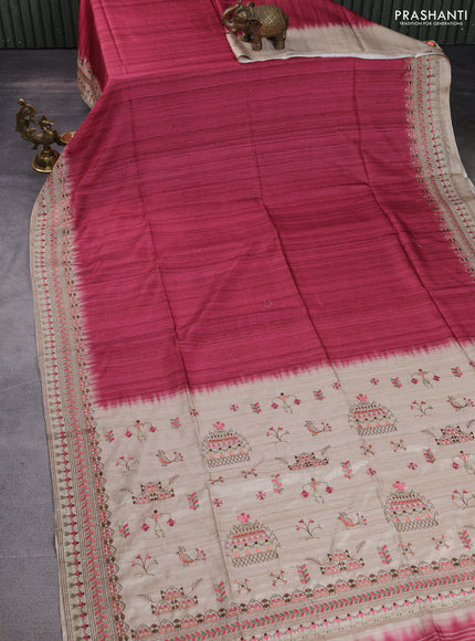 Semi tussar saree maroon shade and beige with plain body and embroidery pallu & border