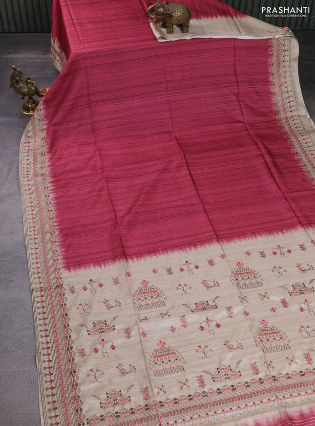 Semi tussar saree maroon shade and beige with plain body and embroidery pallu & border