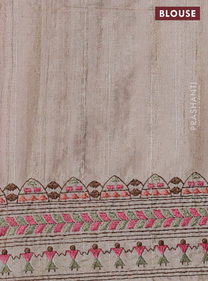 Semi tussar saree maroon shade and beige with plain body and embroidery pallu & border