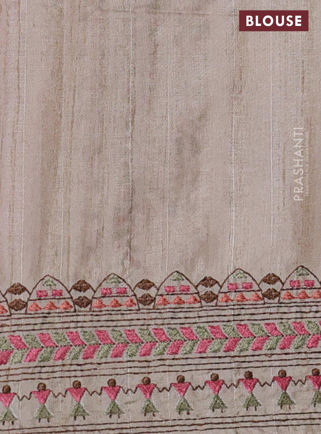 Semi tussar saree maroon shade and beige with plain body and embroidery pallu & border