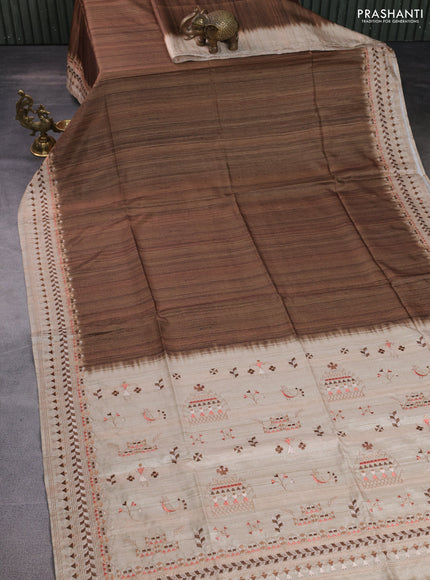 Semi tussar saree brown shade and beige with plain body and embroidery pallu & border