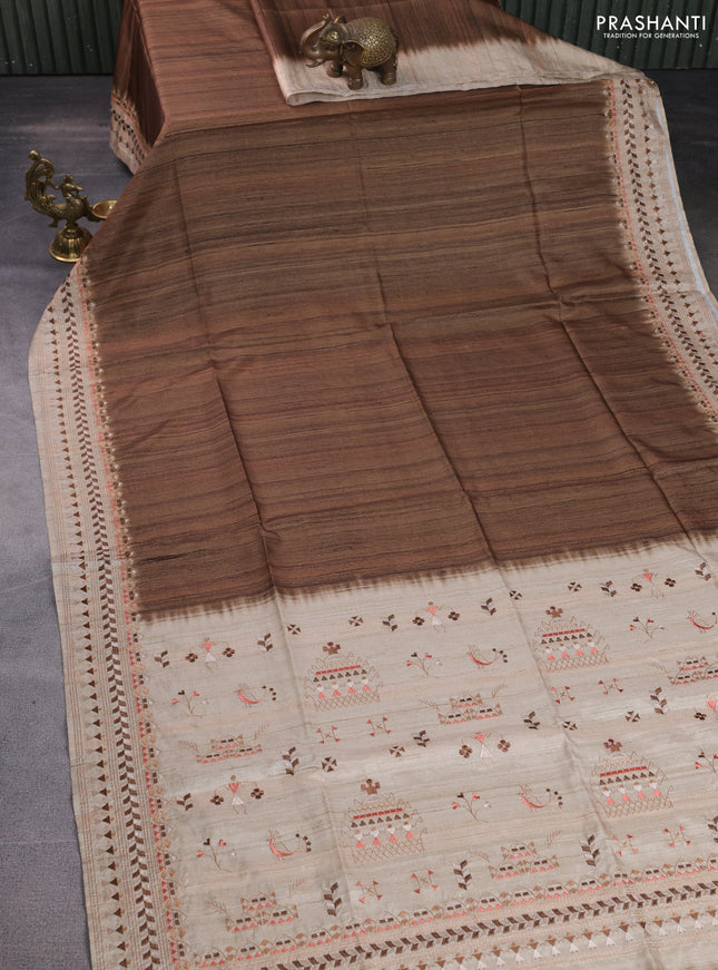 Semi tussar saree brown shade and beige with plain body and embroidery pallu & border