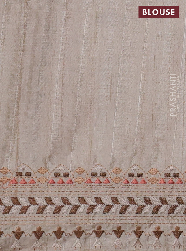 Semi tussar saree brown shade and beige with plain body and embroidery pallu & border