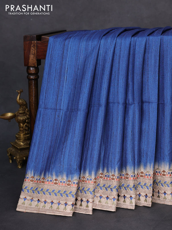 Semi tussar saree blue and beige with plain body and embroidery pallu & border