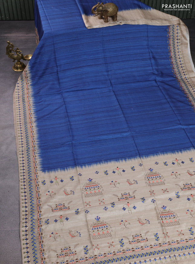 Semi tussar saree blue and beige with plain body and embroidery pallu & border