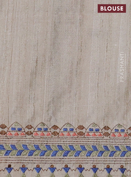 Semi tussar saree blue and beige with plain body and embroidery pallu & border