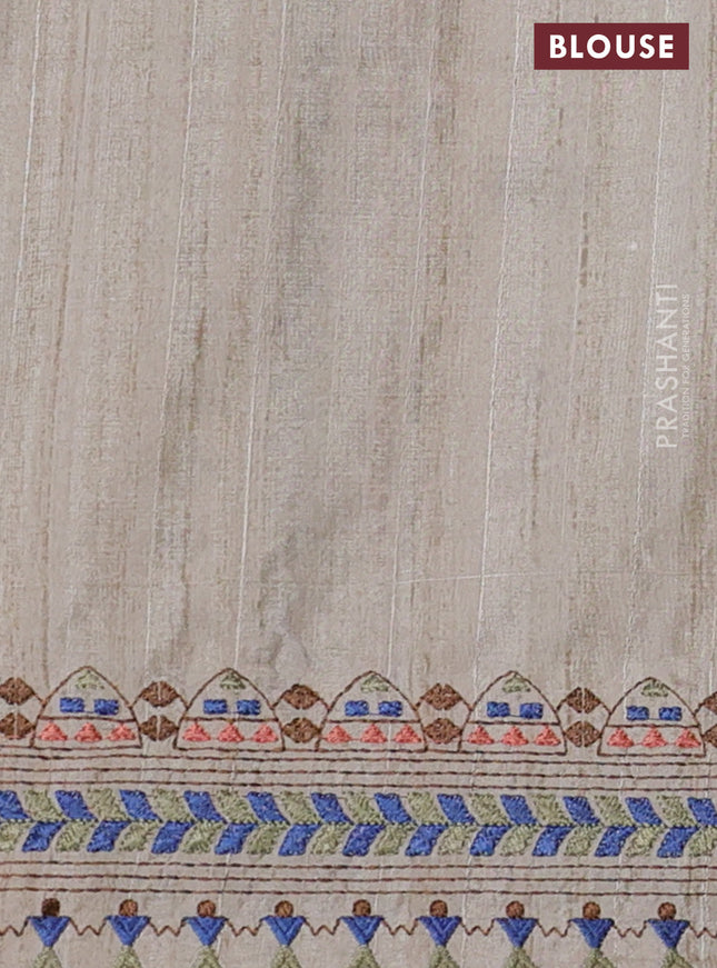 Semi tussar saree blue and beige with plain body and embroidery pallu & border