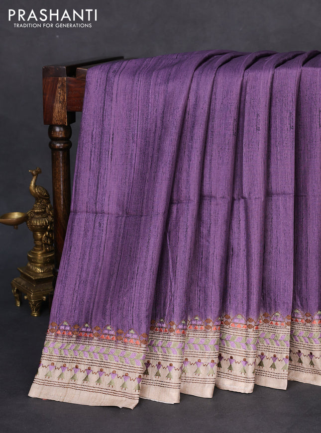Semi tussar saree violet shade and beige with plain body and embroidery pallu & border