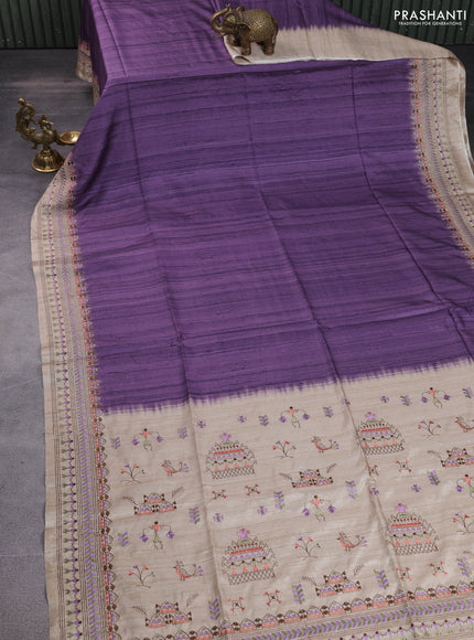 Semi tussar saree violet shade and beige with plain body and embroidery pallu & border