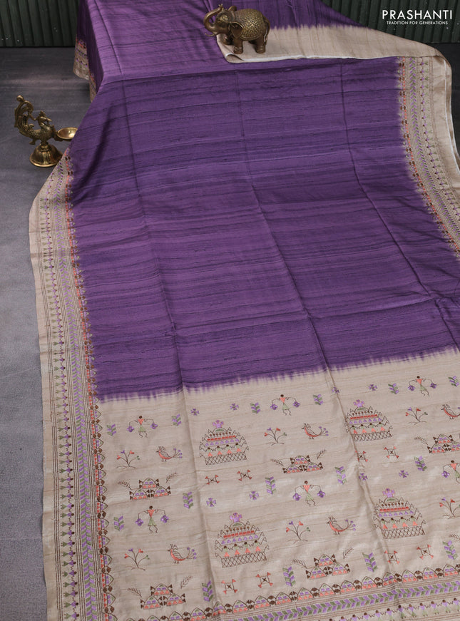 Semi tussar saree violet shade and beige with plain body and embroidery pallu & border