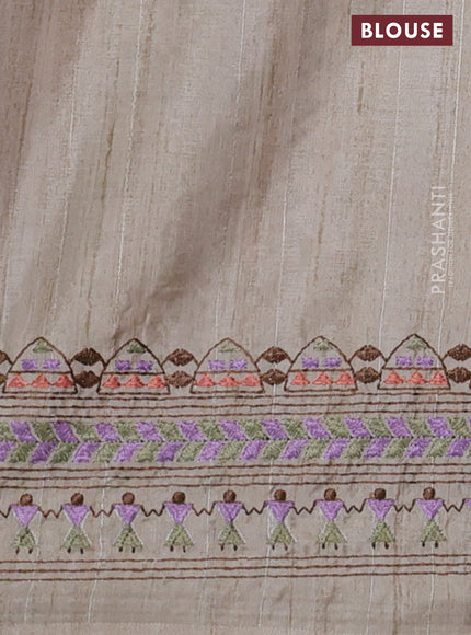 Semi tussar saree violet shade and beige with plain body and embroidery pallu & border