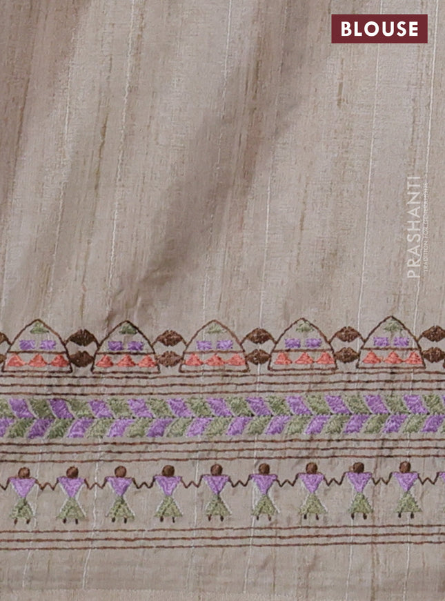 Semi tussar saree violet shade and beige with plain body and embroidery pallu & border