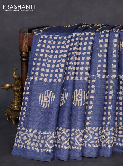 Semi linen saree indigo blue and beige with allover geometric batik prints & kantha stitch work