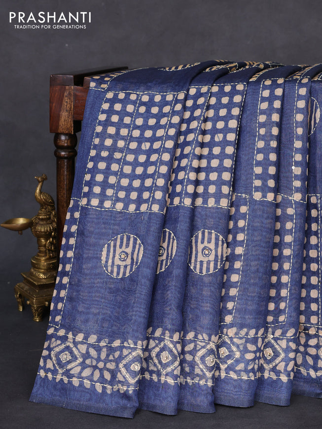 Semi linen saree indigo blue and beige with allover geometric batik prints & kantha stitch work