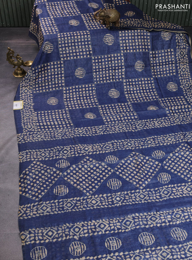Semi linen saree indigo blue and beige with allover geometric batik prints & kantha stitch work