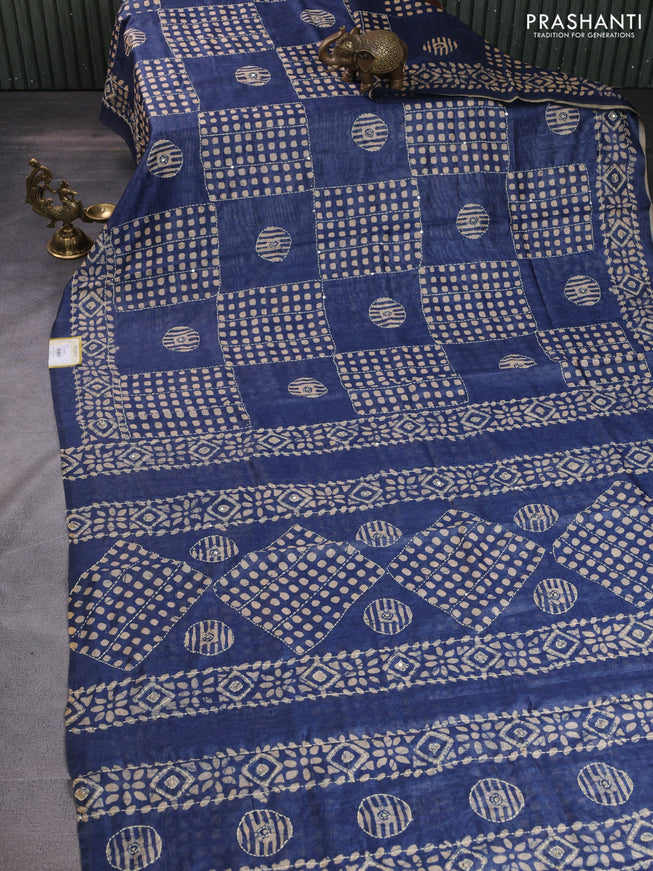 Semi linen saree indigo blue and beige with allover geometric batik prints & kantha stitch work
