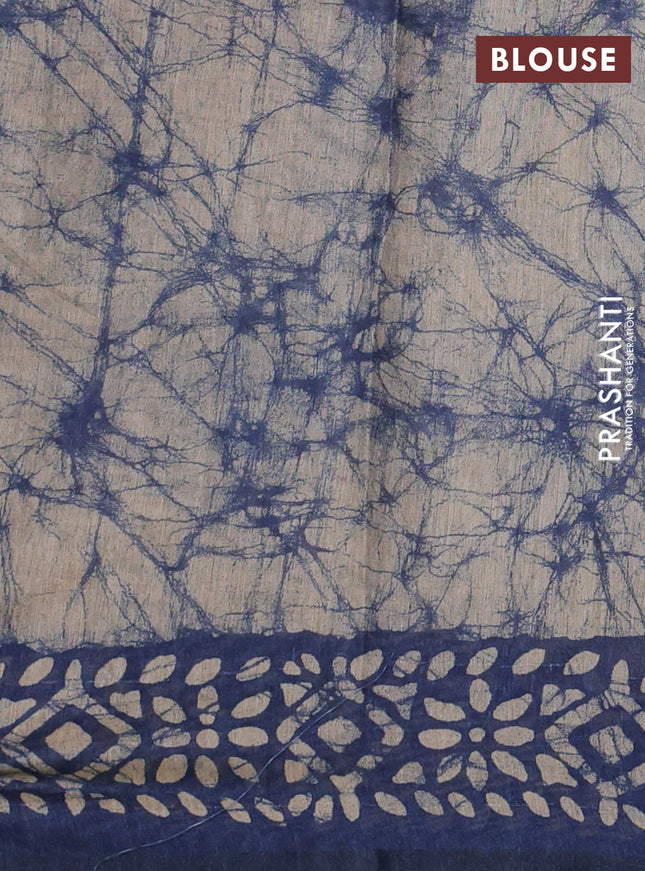 Semi linen saree indigo blue and beige with allover geometric batik prints & kantha stitch work