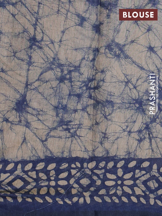 Semi linen saree indigo blue and beige with allover geometric batik prints & kantha stitch work