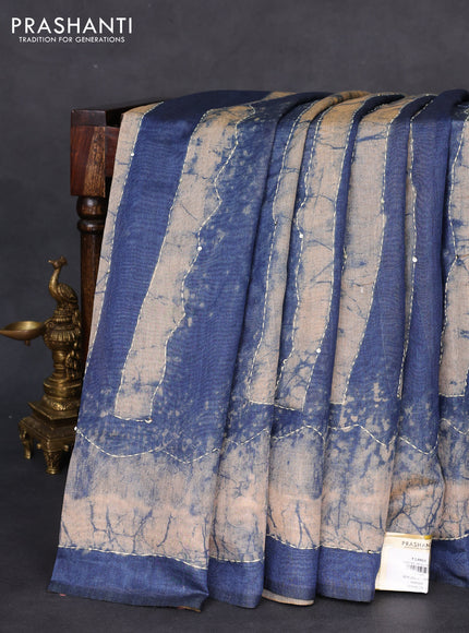 Semi linen saree indigo blue and beige with allover batik prints & kantha stitch work