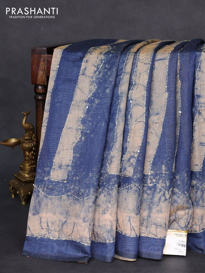 Semi linen saree indigo blue and beige with allover batik prints & kantha stitch work