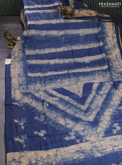 Semi linen saree indigo blue and beige with allover batik prints & kantha stitch work