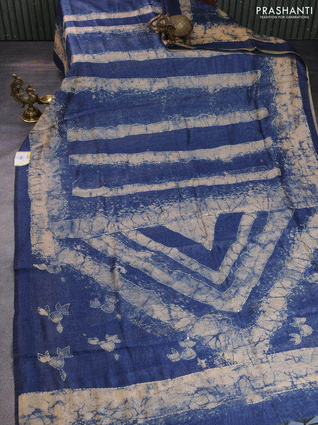Semi linen saree indigo blue and beige with allover batik prints & kantha stitch work