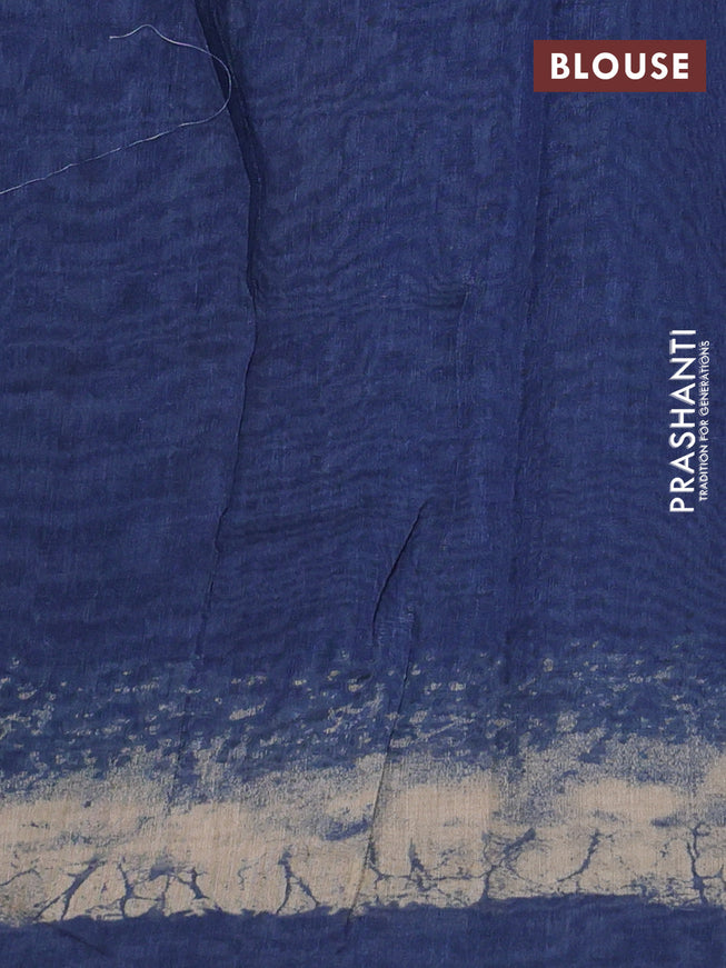 Semi linen saree indigo blue and beige with allover batik prints & kantha stitch work
