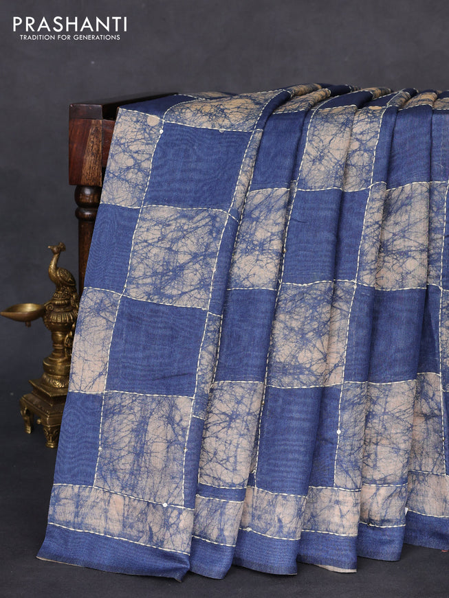 Semi linen saree indigo blue and beige with allover batik prints & kantha stitch work