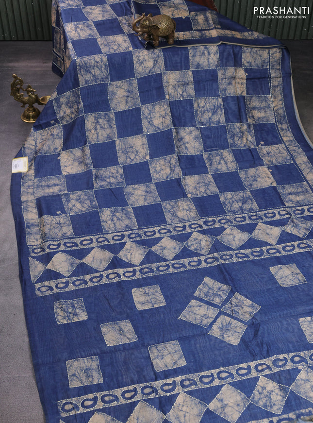 Semi linen saree indigo blue and beige with allover batik prints & kantha stitch work