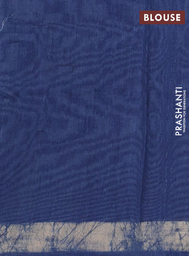 Semi linen saree indigo blue and beige with allover batik prints & kantha stitch work