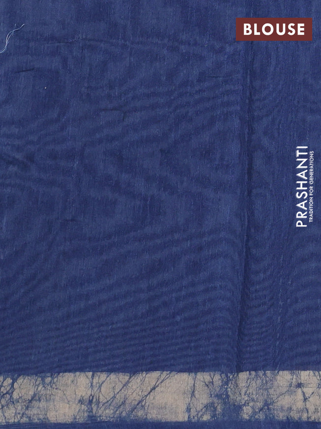 Semi linen saree indigo blue and beige with allover batik prints & kantha stitch work